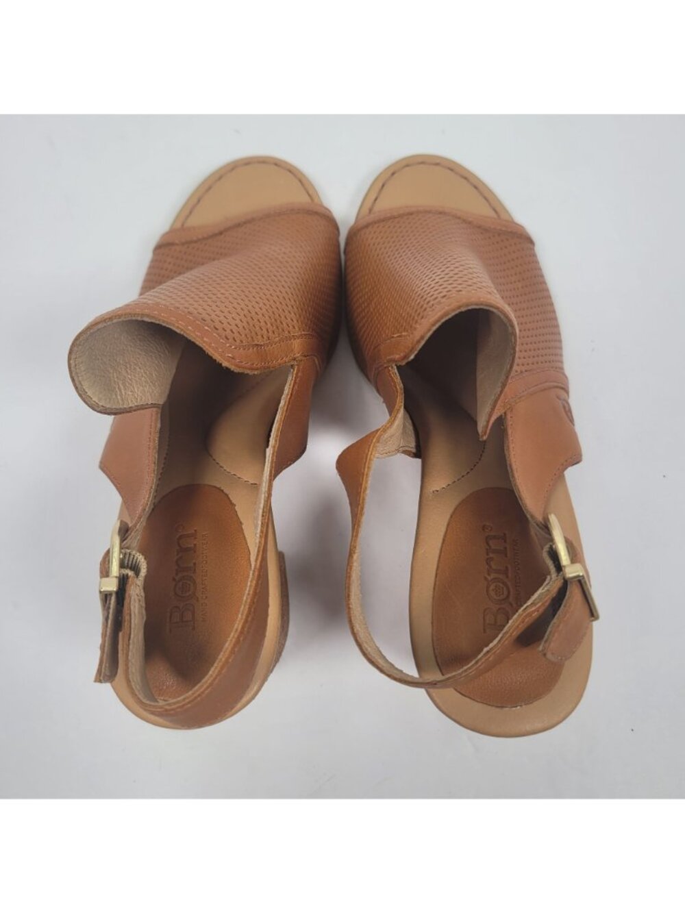 Born Sutra Perf Women's Brown Leather Peep Toe Slingback Block Heels US Size 9M - Picture 5 of 9